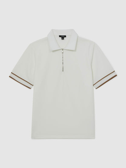 Reiss Sale - Textured Half-Zip Tipped Polo Shirt in White