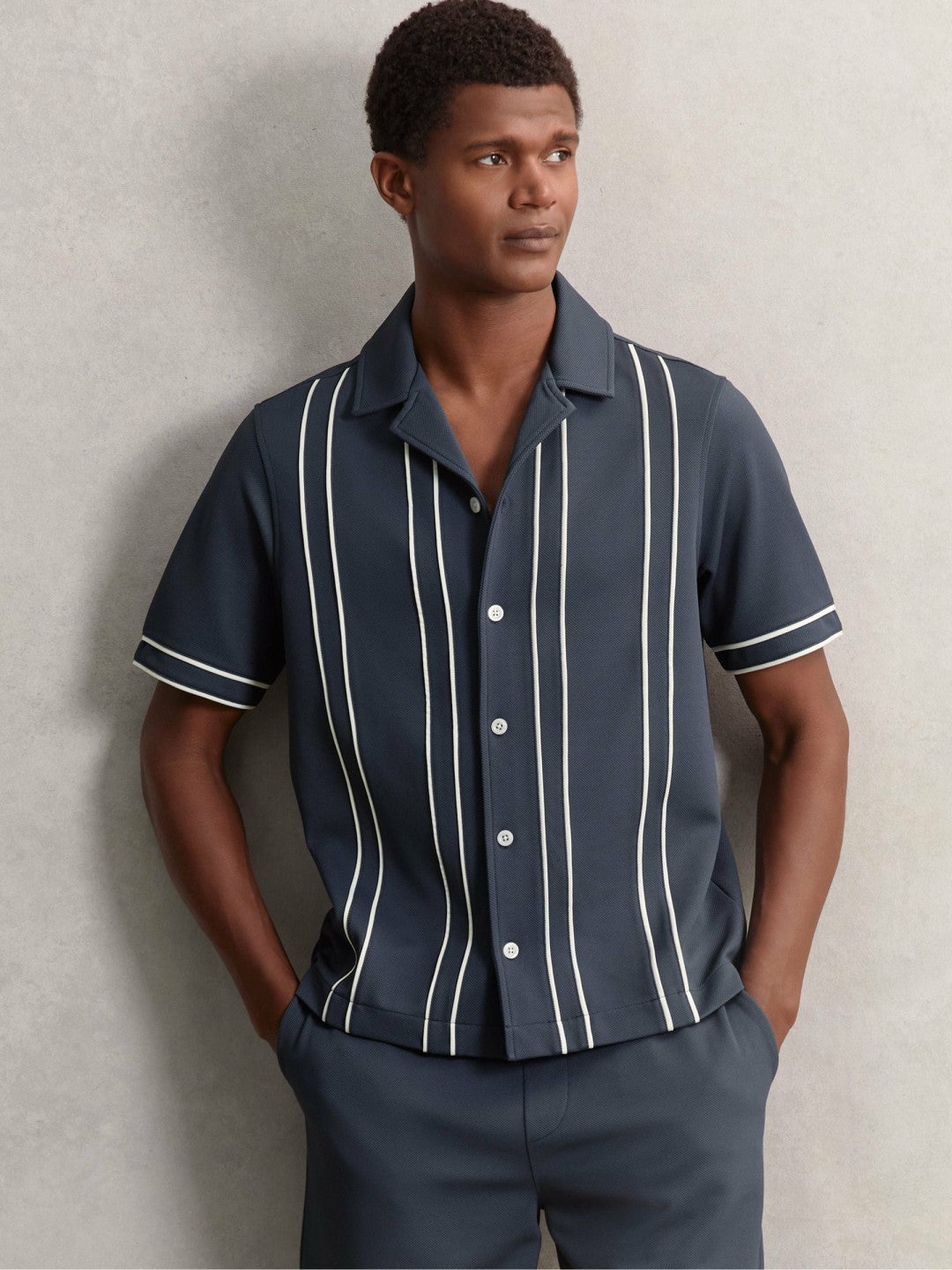 Reiss Affordable - Piped-Stripe Cuban-Collar Shirt in Airforce Blue