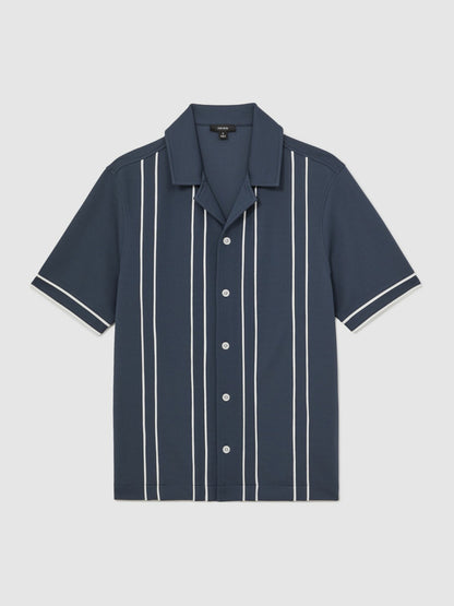 Reiss Affordable - Piped-Stripe Cuban-Collar Shirt in Airforce Blue