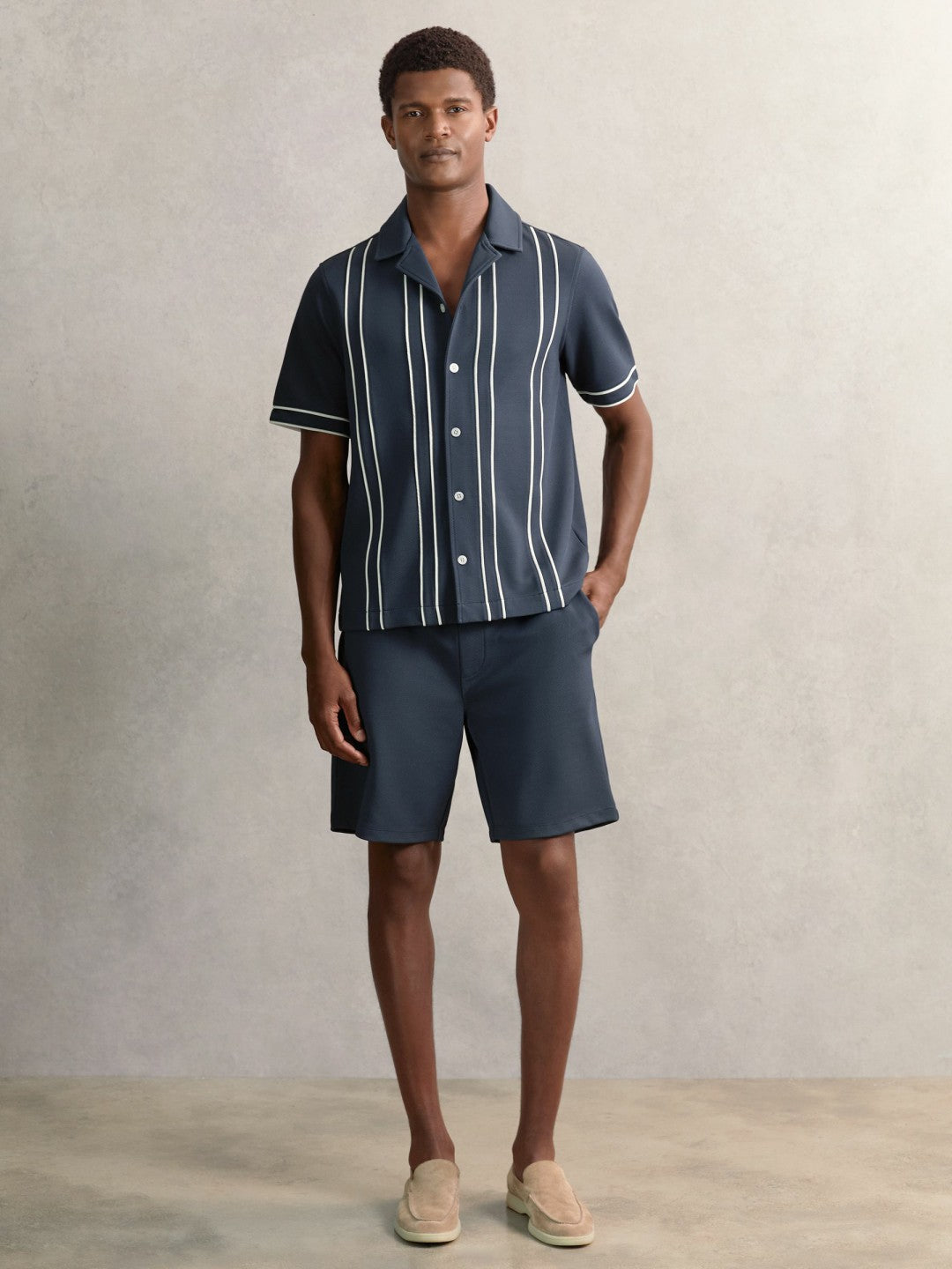 Reiss Affordable - Piped-Stripe Cuban-Collar Shirt in Airforce Blue