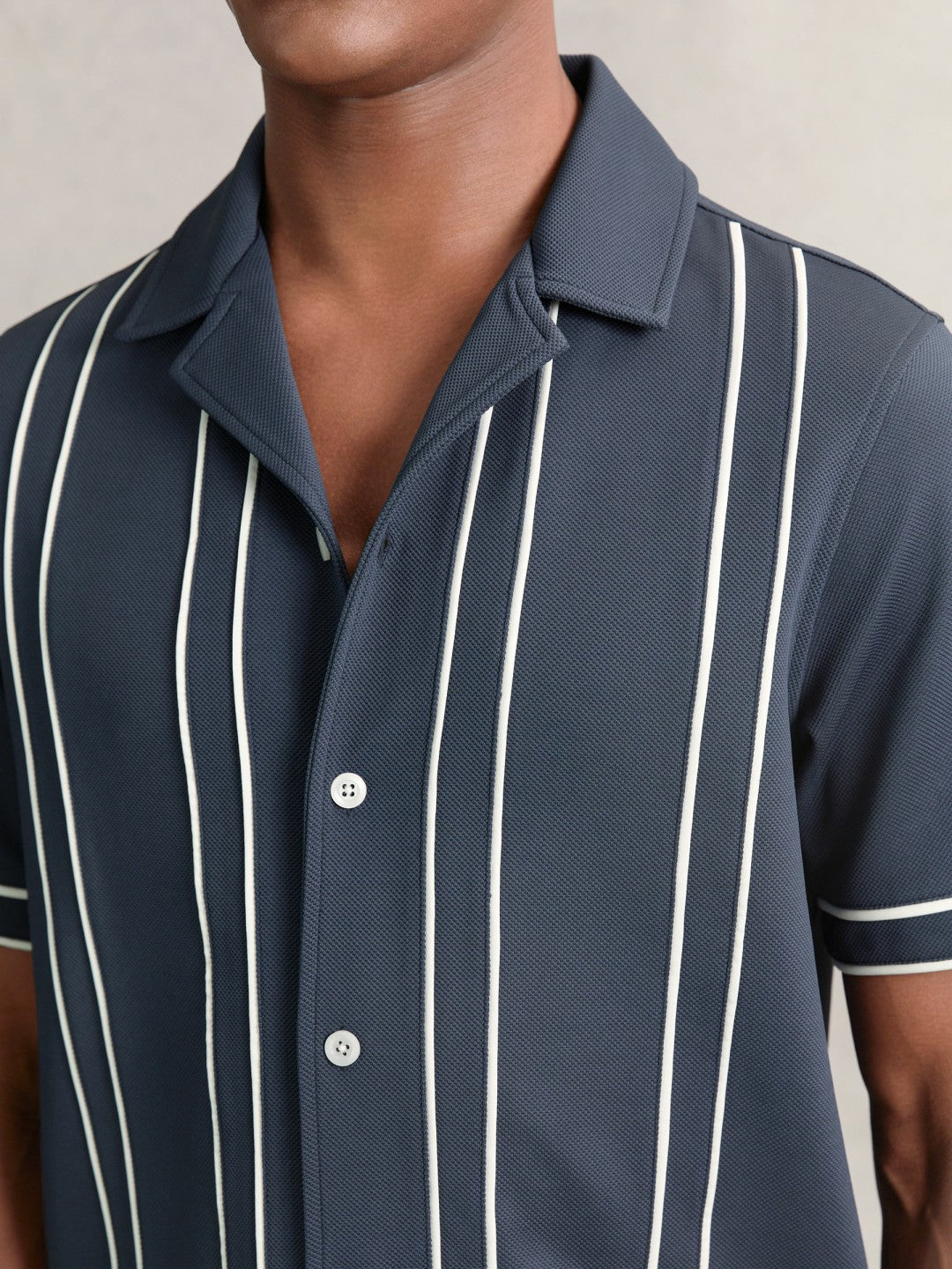 Reiss Affordable - Piped-Stripe Cuban-Collar Shirt in Airforce Blue