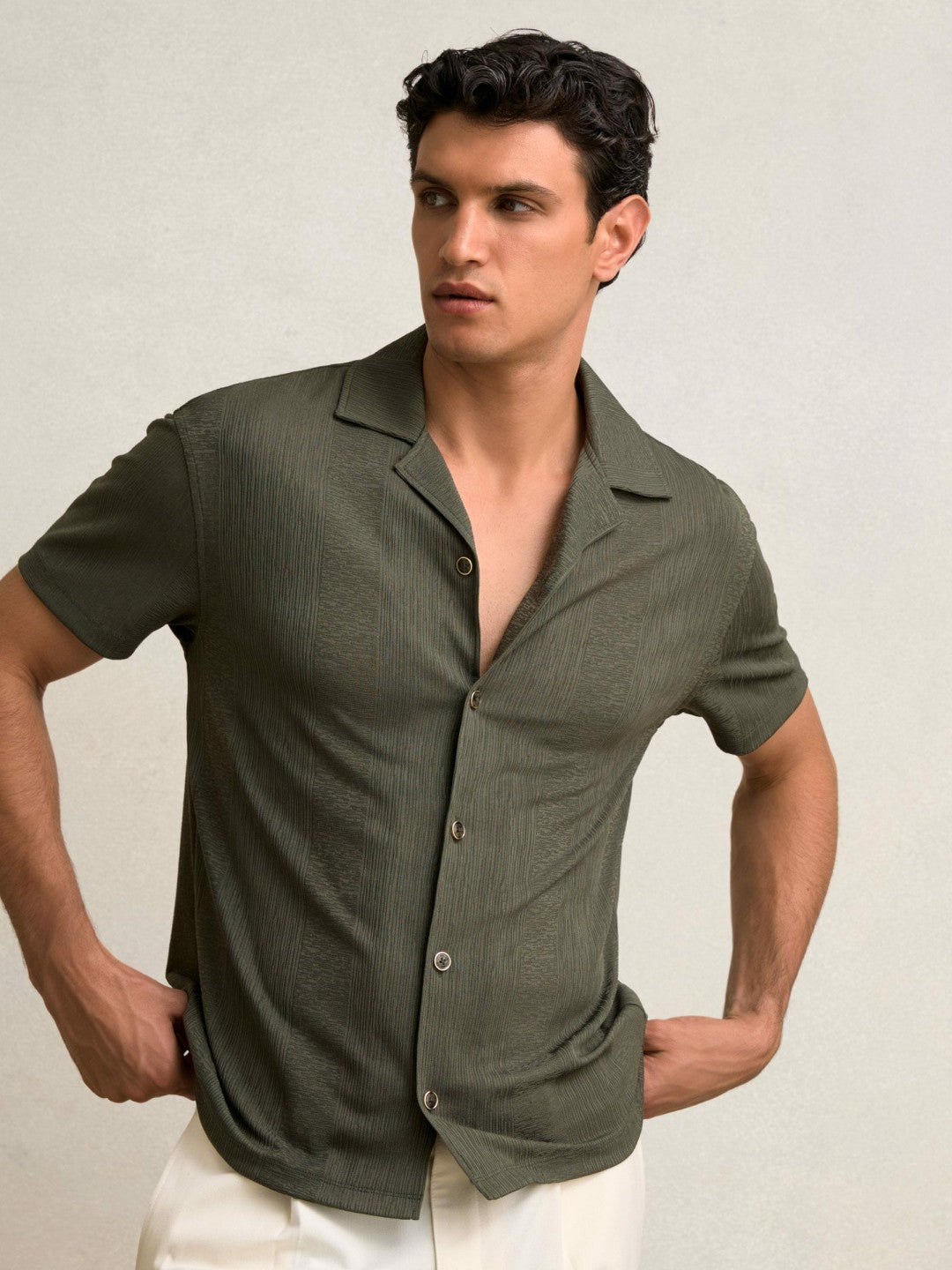Reiss Offer - Jacquard-Stripe Cuban-Collar Shirt in Dark Green