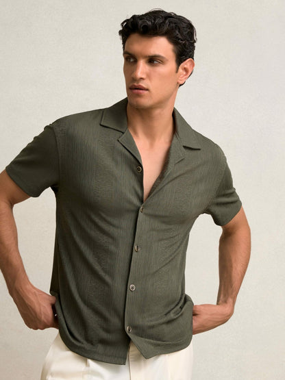 Reiss Offer - Jacquard-Stripe Cuban-Collar Shirt in Dark Green