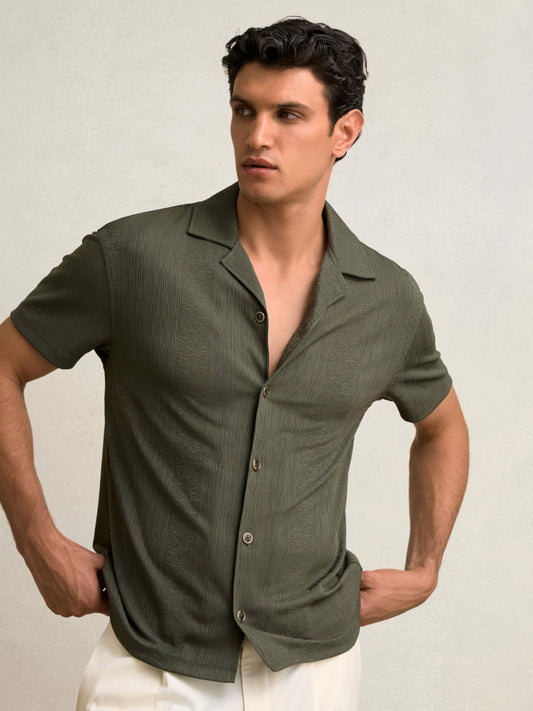Reiss Offer - Jacquard-Stripe Cuban-Collar Shirt in Dark Green