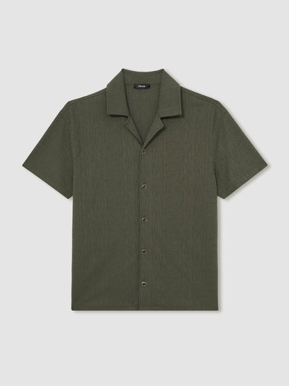 Reiss Offer - Jacquard-Stripe Cuban-Collar Shirt in Dark Green