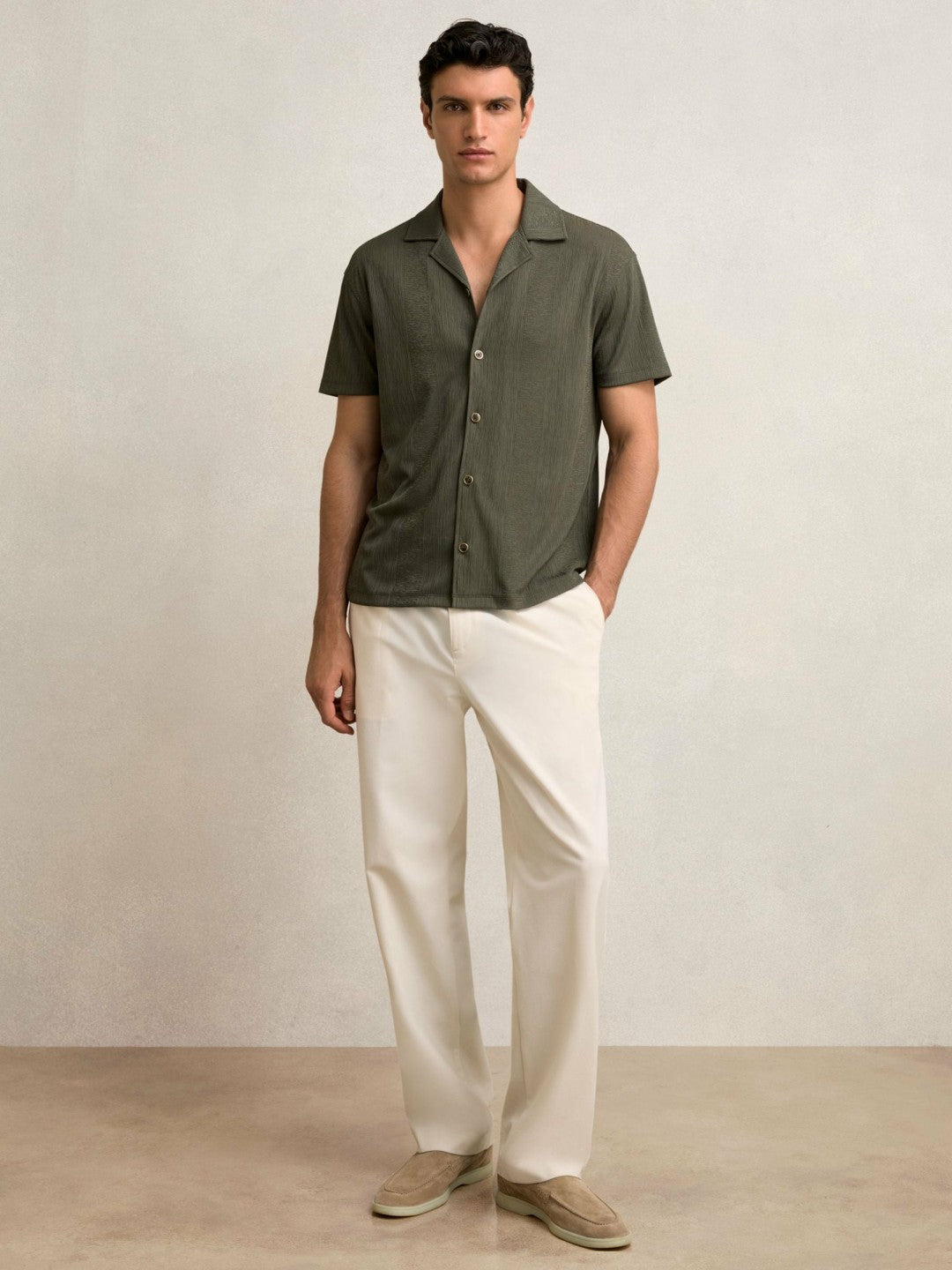 Reiss Offer - Jacquard-Stripe Cuban-Collar Shirt in Dark Green