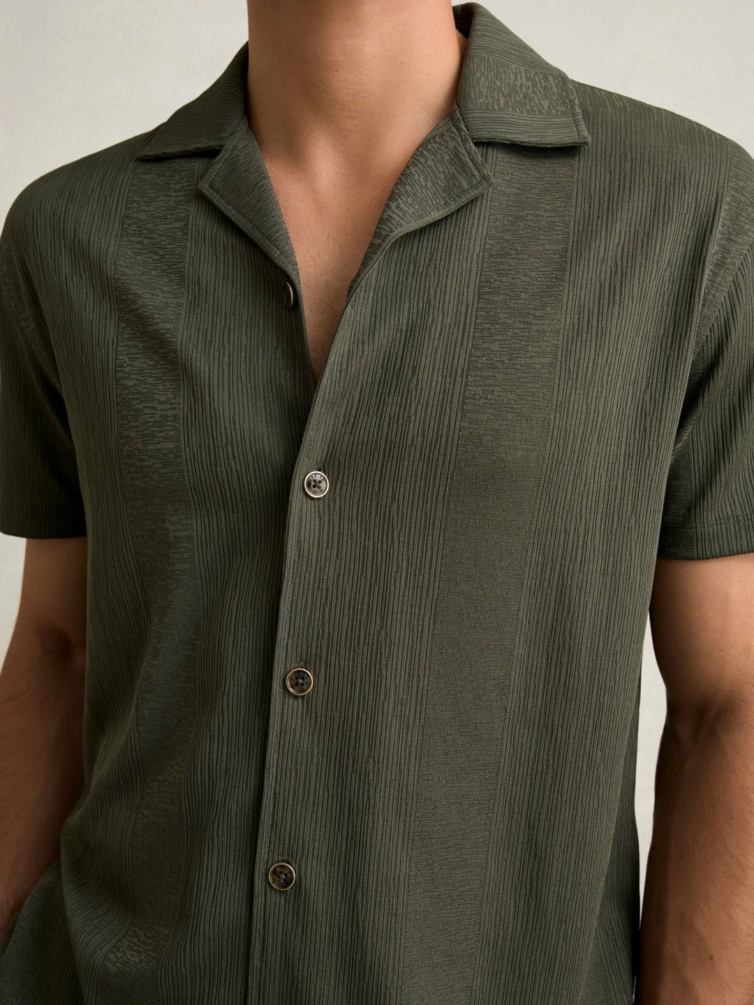 Reiss Offer - Jacquard-Stripe Cuban-Collar Shirt in Dark Green