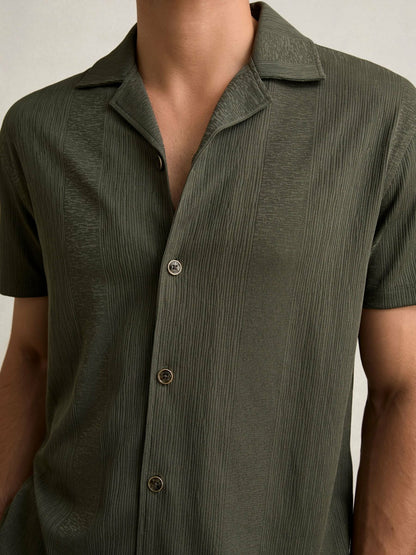 Reiss Offer - Jacquard-Stripe Cuban-Collar Shirt in Dark Green