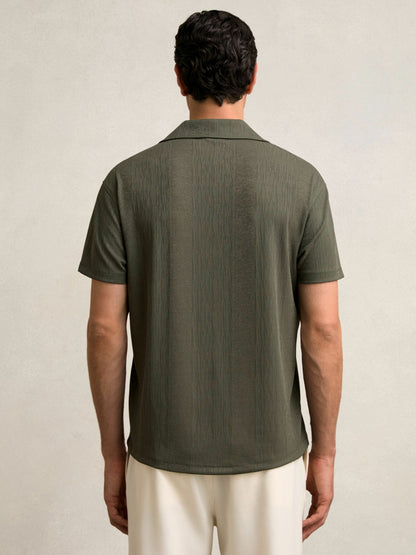 Reiss Offer - Jacquard-Stripe Cuban-Collar Shirt in Dark Green