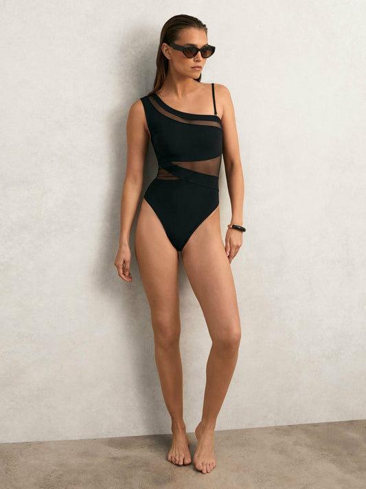 Reiss One Shoulder Mesh Panel Swimsuit in Black