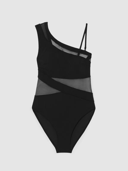 Reiss One Shoulder Mesh Panel Swimsuit in Black