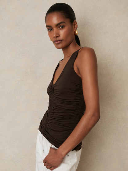 Reiss Sale - Stretch Lyocell Jersey Ruched Vest in Chocolate Brown