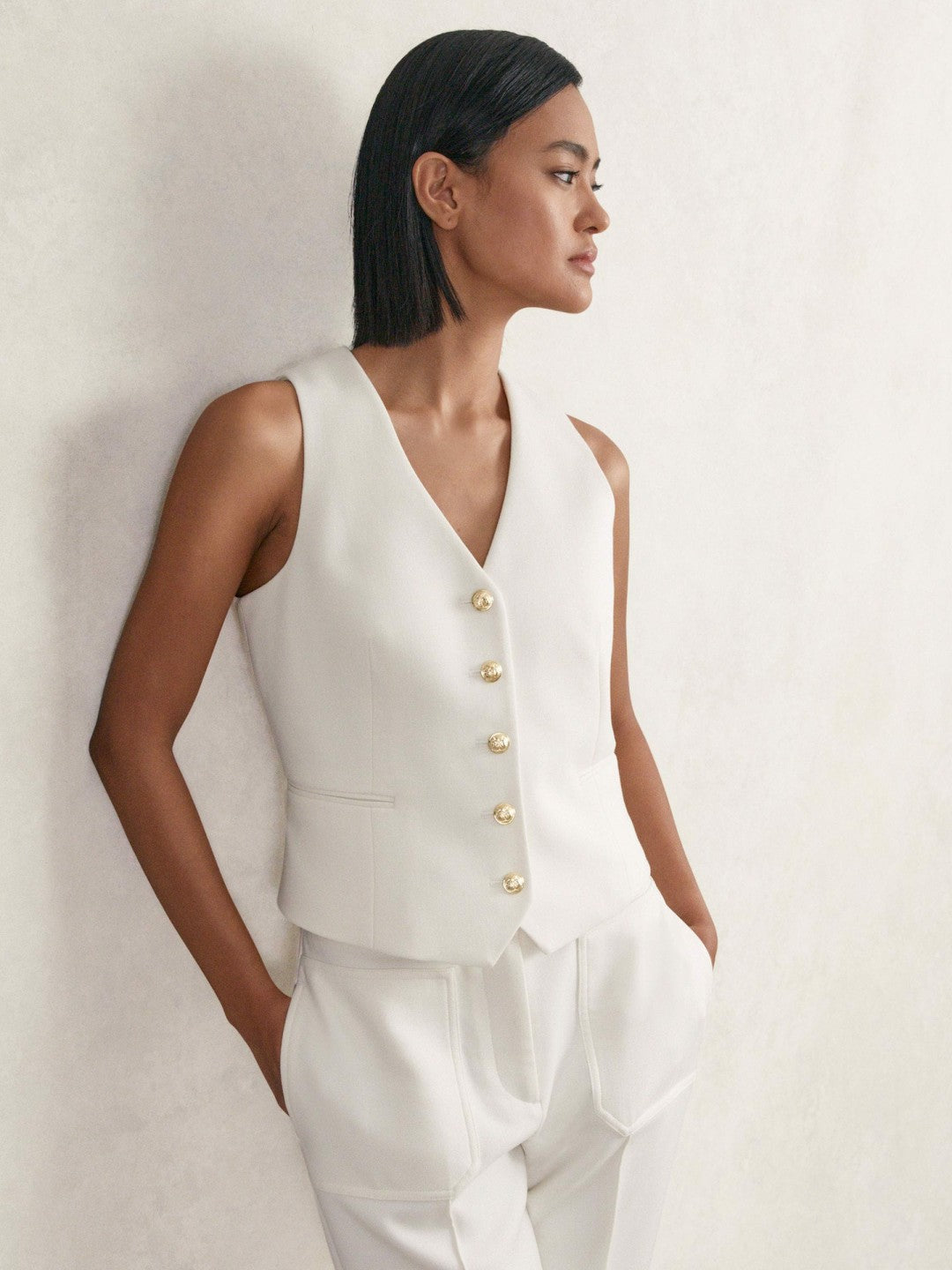 Reiss Offer - Single-Breasted Twill Waistcoat With Wool in White