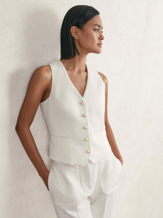 Reiss Offer - Single-Breasted Twill Waistcoat With Wool in White