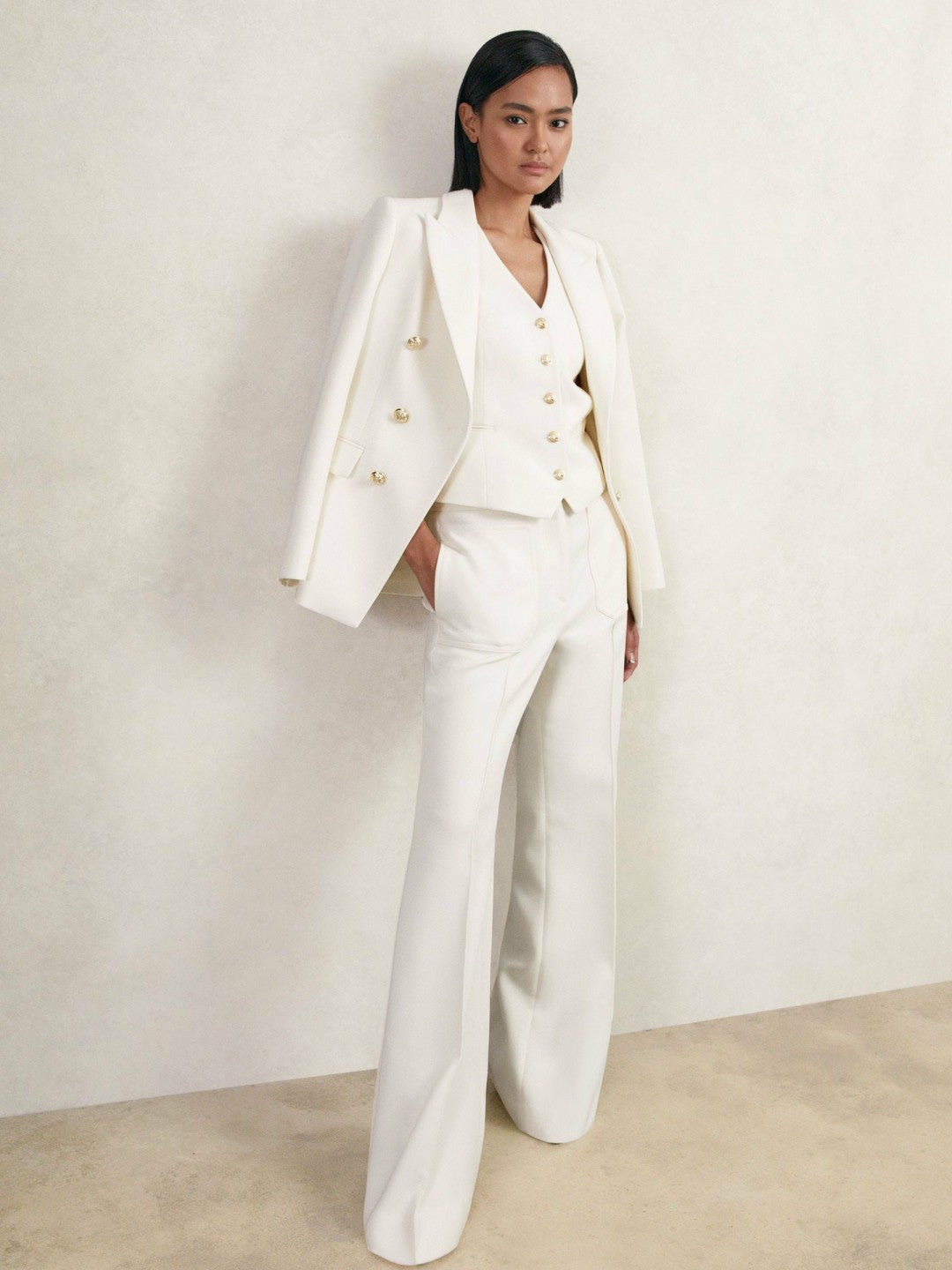 Reiss Offer - Single-Breasted Twill Waistcoat With Wool in White