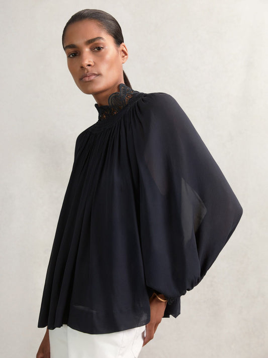 Reiss Featured - Lace-Trim Draped Chiffon Top in Navy
