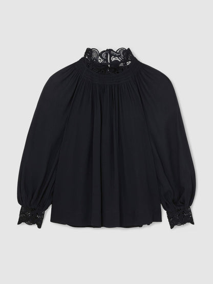 Reiss Featured - Lace-Trim Draped Chiffon Top in Navy
