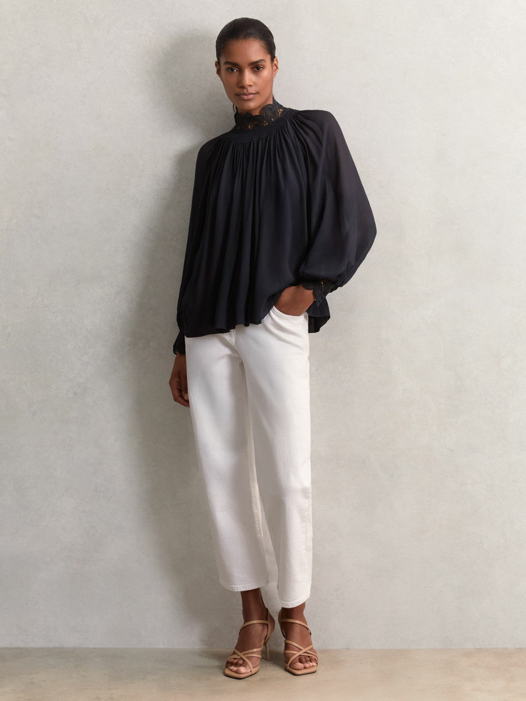 Reiss Featured - Lace-Trim Draped Chiffon Top in Navy