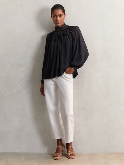 Reiss Featured - Lace-Trim Draped Chiffon Top in Navy