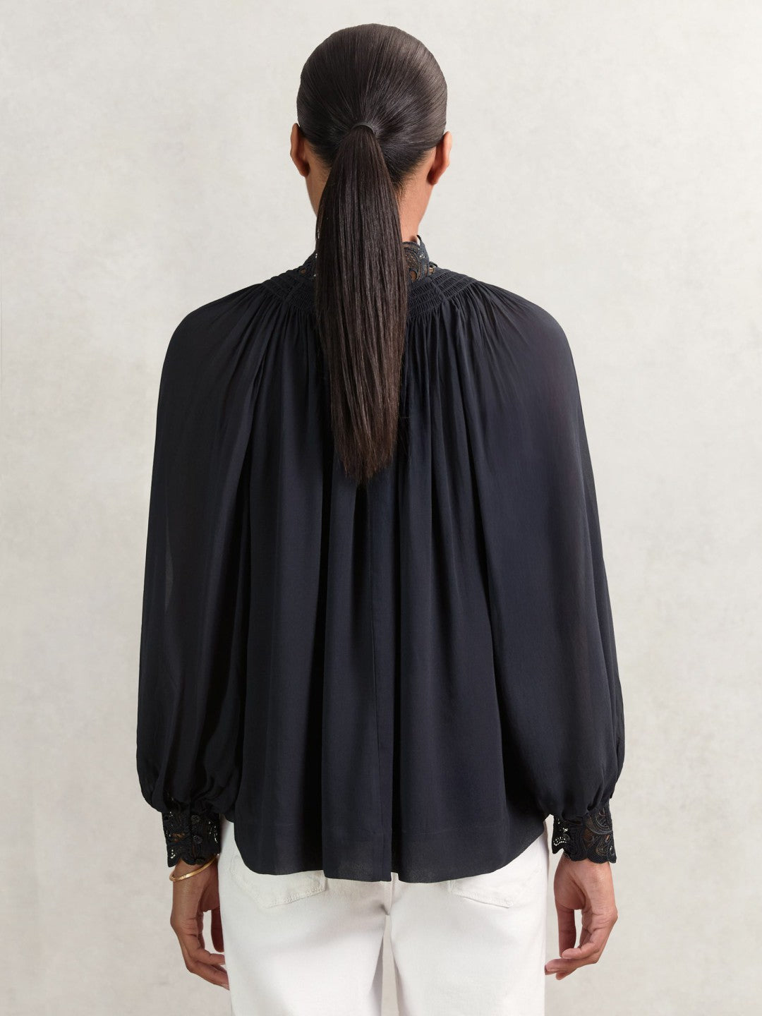Reiss Featured - Lace-Trim Draped Chiffon Top in Navy