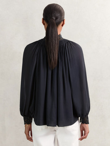 Reiss Featured - Lace-Trim Draped Chiffon Top in Navy