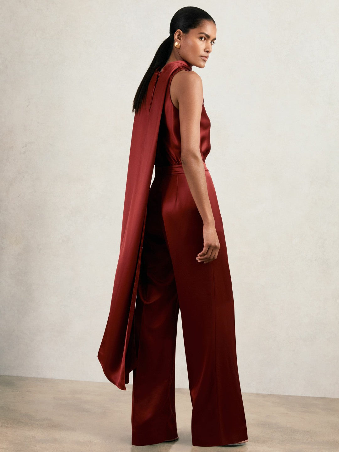 Reiss Value - Petite Satin Cape-Sash Jumpsuit in Dark Red