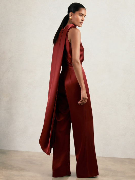 Reiss Value - Petite Satin Cape-Sash Jumpsuit in Dark Red