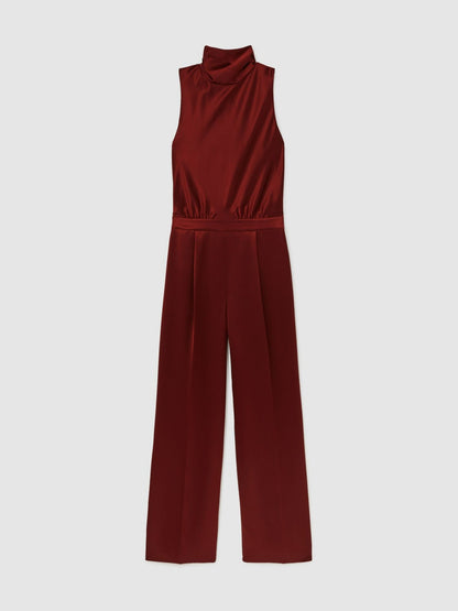 Reiss Value - Petite Satin Cape-Sash Jumpsuit in Dark Red