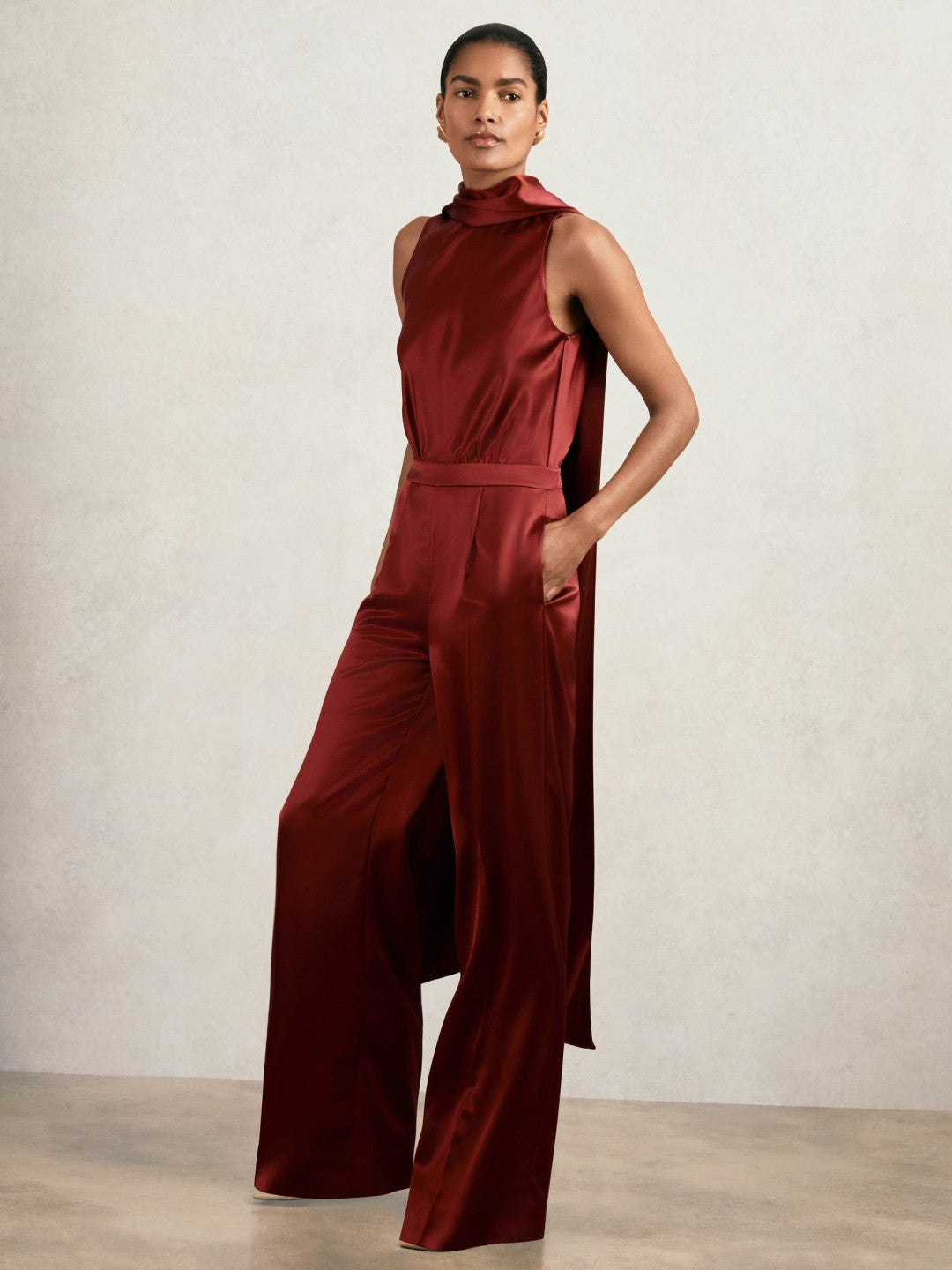 Reiss Value - Petite Satin Cape-Sash Jumpsuit in Dark Red