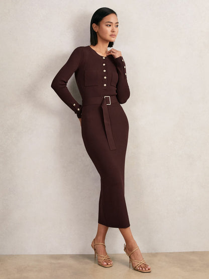 Reiss Buttoned Rib-Knit Midi Dress in Burgundy