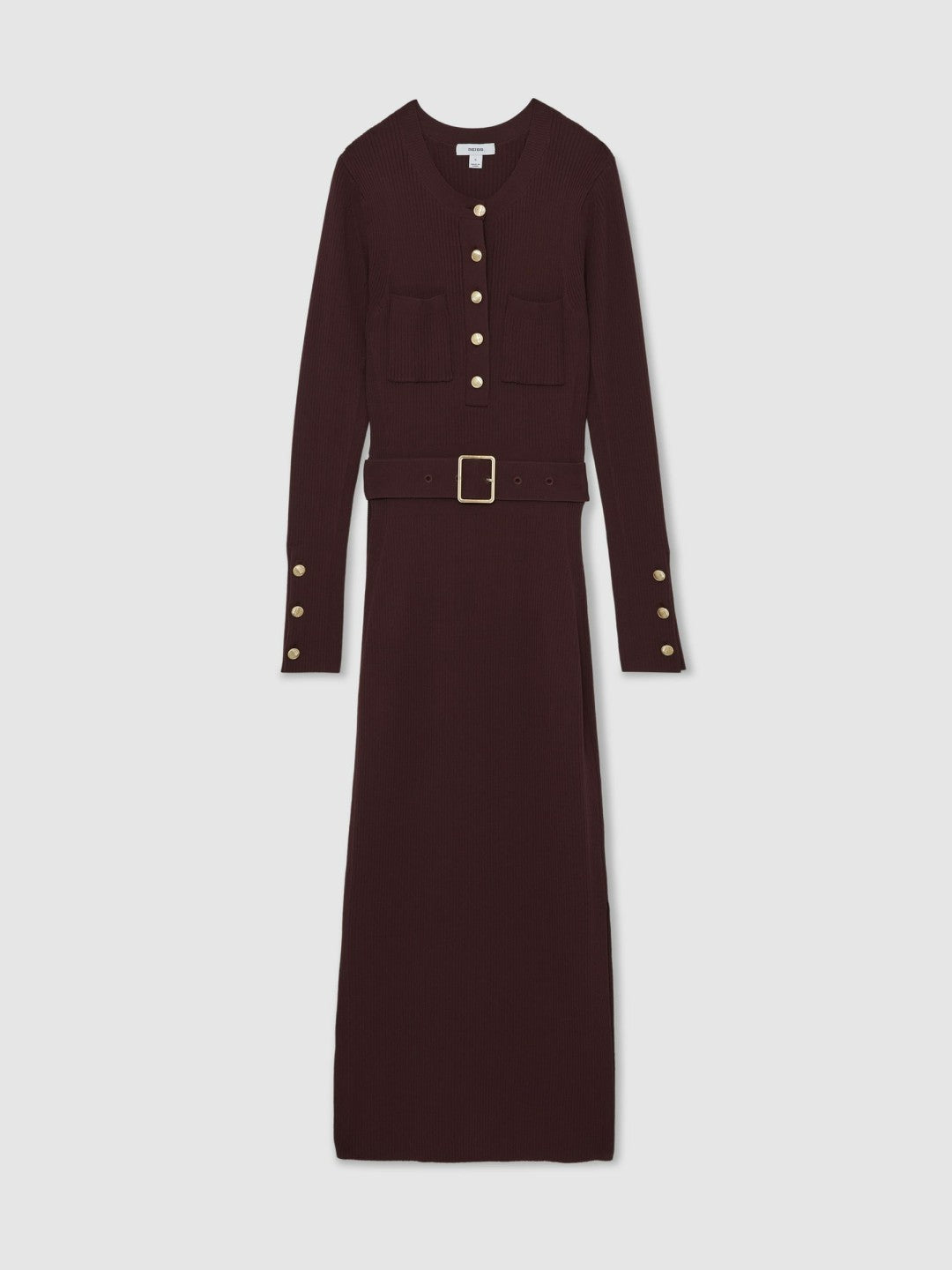 Reiss Buttoned Rib-Knit Midi Dress in Burgundy