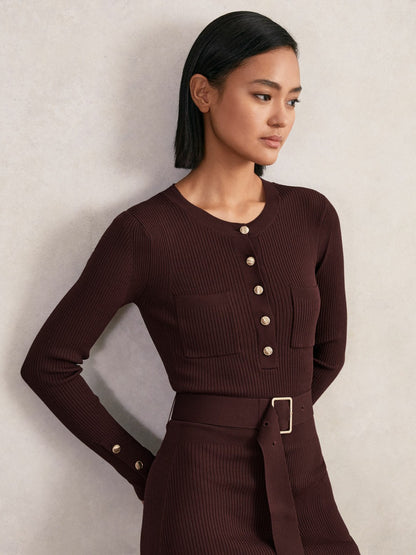 Reiss Buttoned Rib-Knit Midi Dress in Burgundy