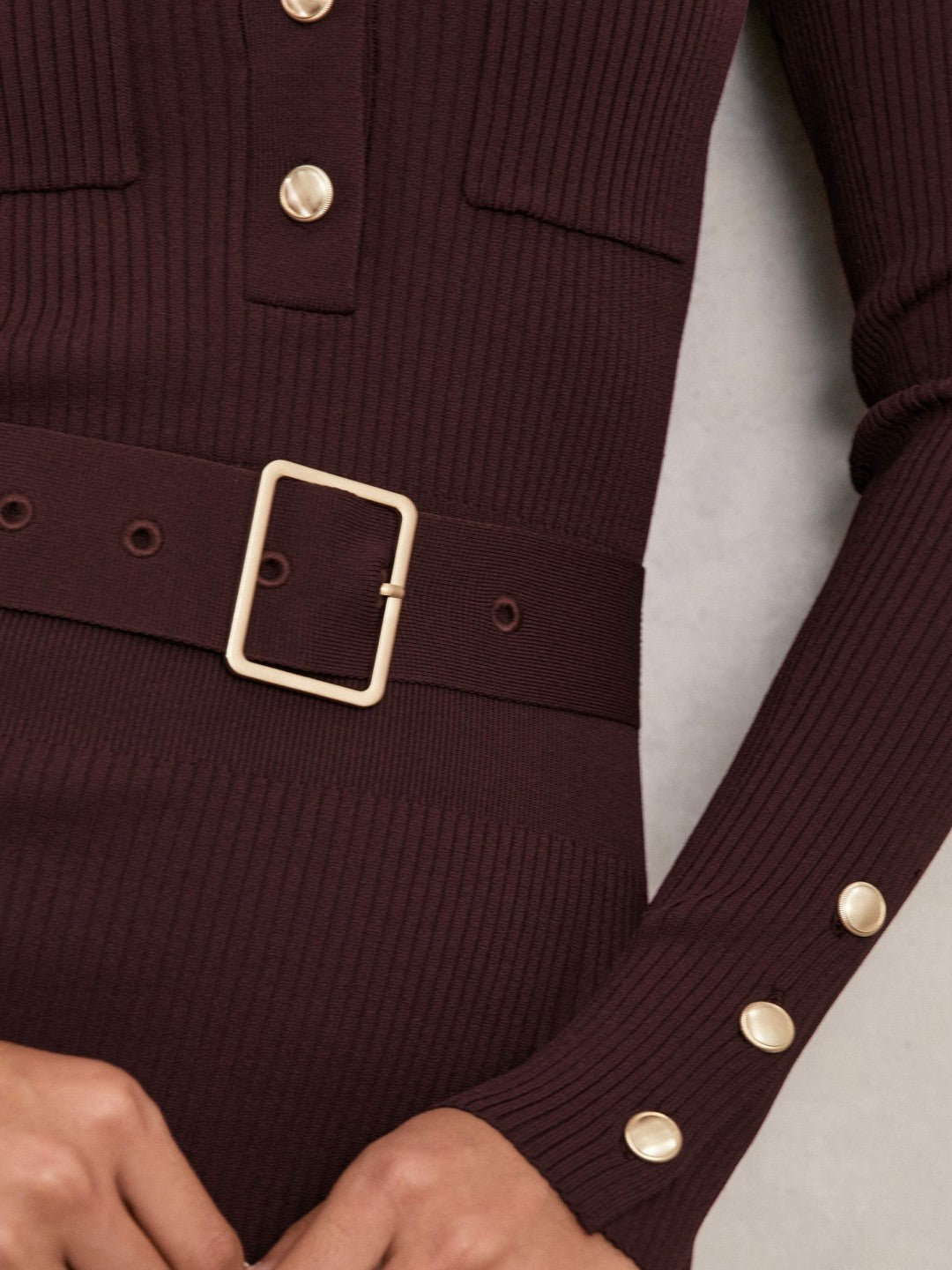 Reiss Buttoned Rib-Knit Midi Dress in Burgundy
