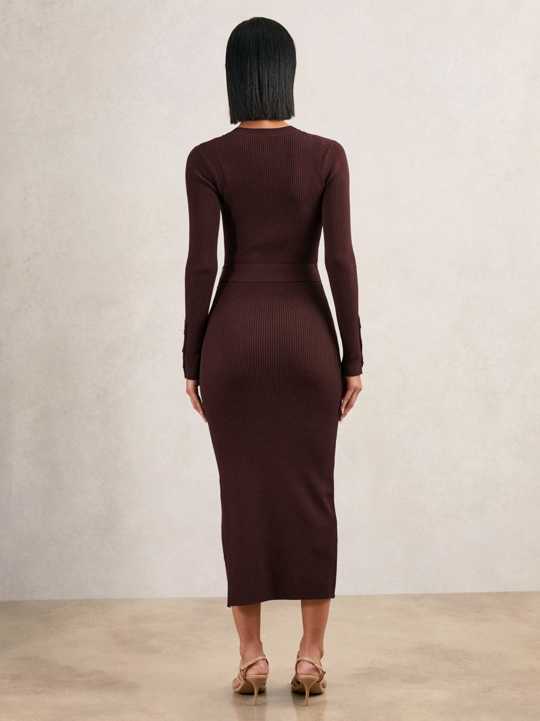 Reiss Buttoned Rib-Knit Midi Dress in Burgundy