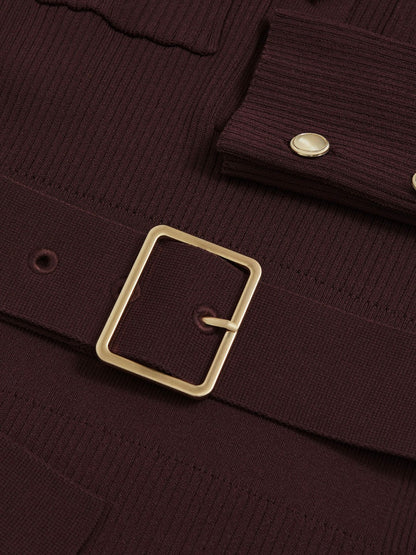 Reiss Buttoned Rib-Knit Midi Dress in Burgundy