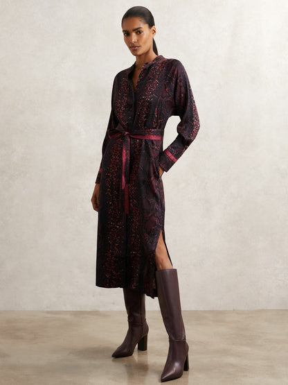 Reiss Snake-Print Belted Shirt Dress in Burgundy/Black