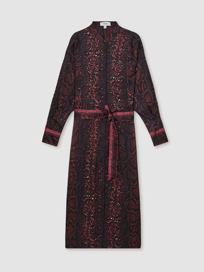 Reiss Snake-Print Belted Shirt Dress in Burgundy/Black