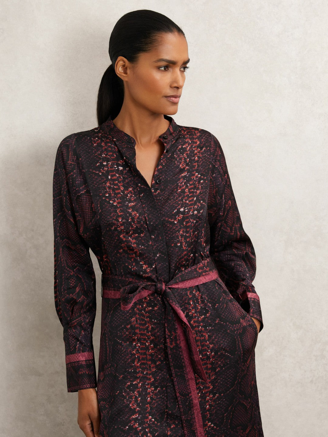 Reiss Snake-Print Belted Shirt Dress in Burgundy/Black