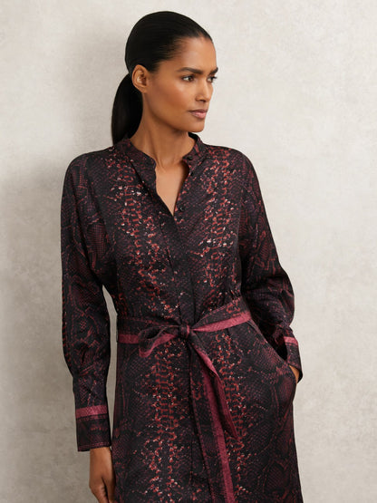 Reiss Snake-Print Belted Shirt Dress in Burgundy/Black
