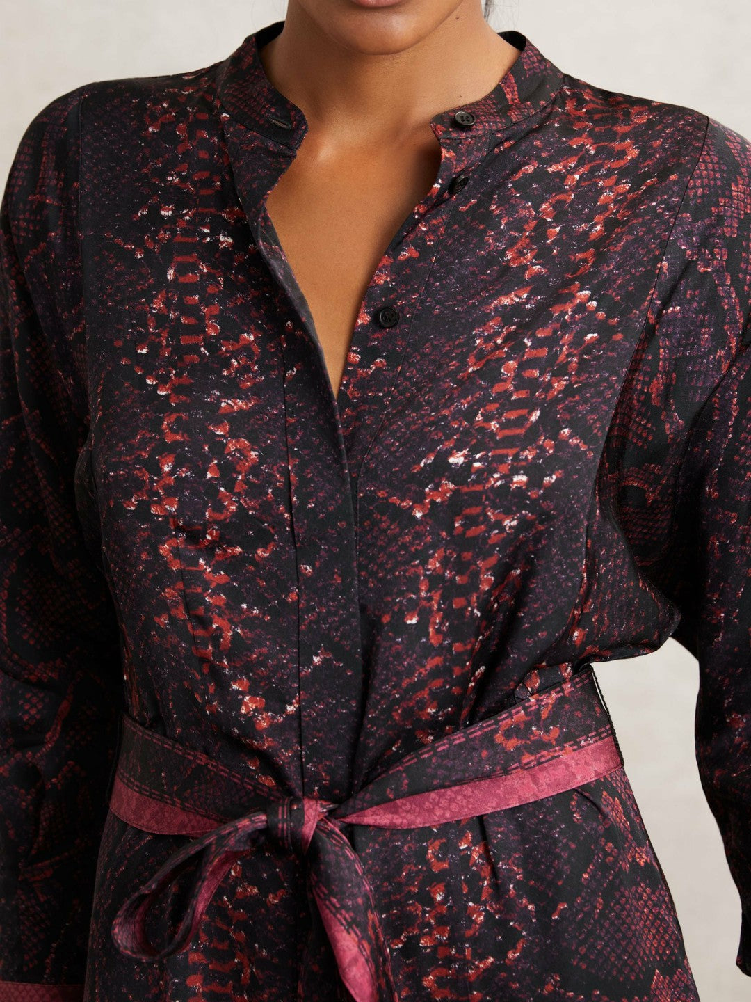 Reiss Snake-Print Belted Shirt Dress in Burgundy/Black