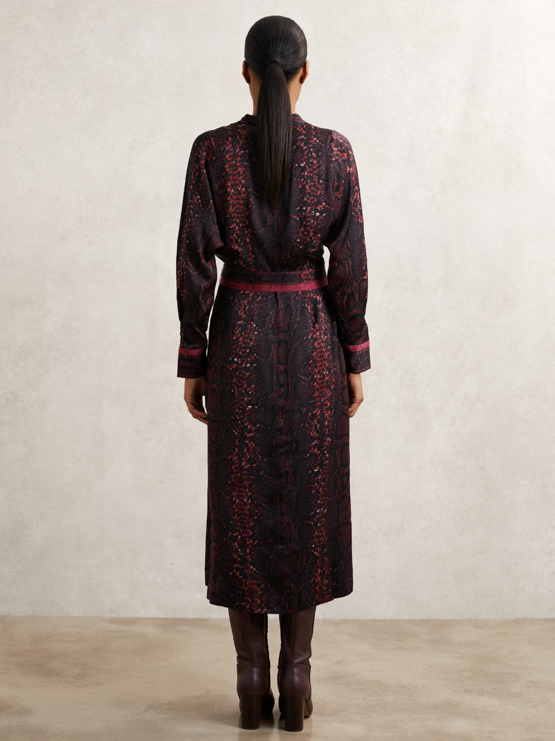 Reiss Snake-Print Belted Shirt Dress in Burgundy/Black