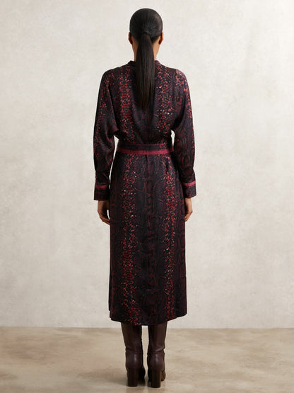 Reiss Snake-Print Belted Shirt Dress in Burgundy/Black