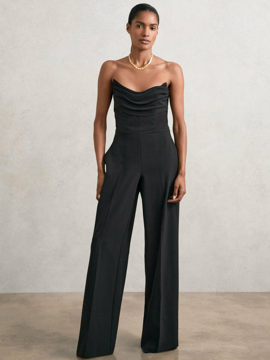 Reiss Deal - Structured Strapless Wide-Leg Jumpsuit in Black