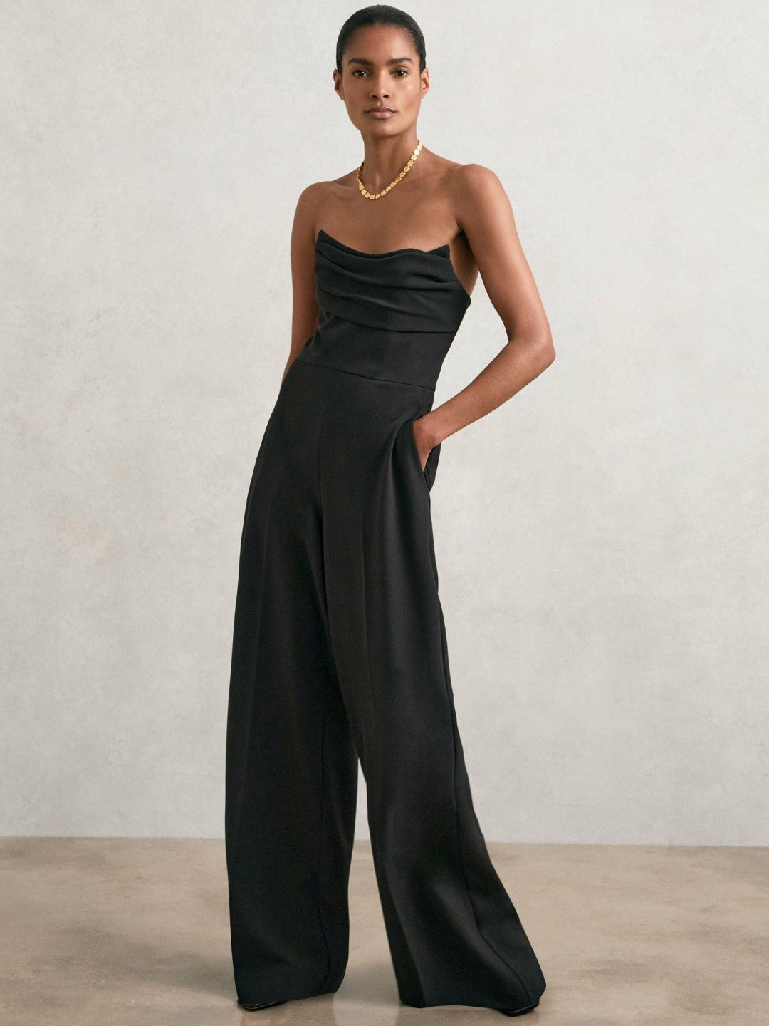 Reiss Deal - Structured Strapless Wide-Leg Jumpsuit in Black