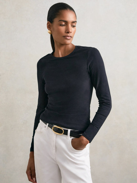 Reiss Cotton Crew-Neck Long-Sleeve T-Shirt With Stretch in Black