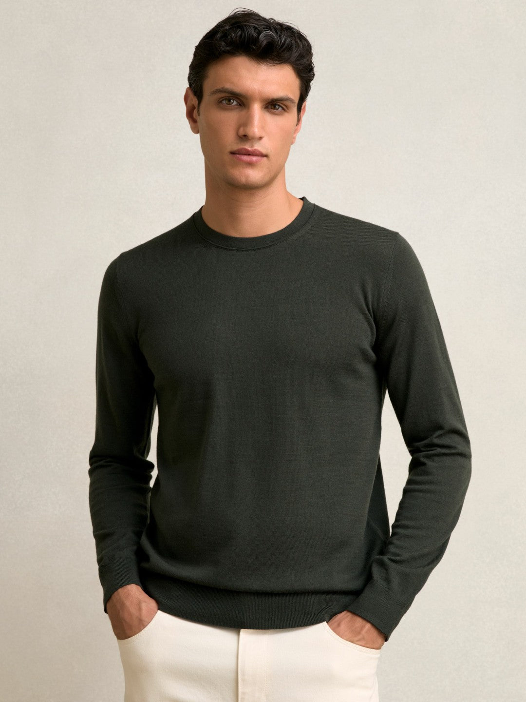 Reiss Merino Wool Crew Neck Jumper in Dark Military Green