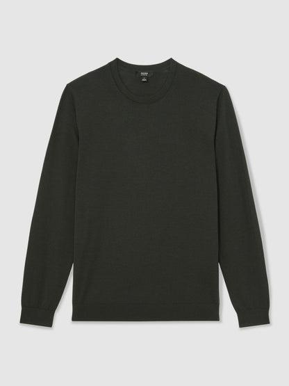 Reiss Merino Wool Crew Neck Jumper in Dark Military Green