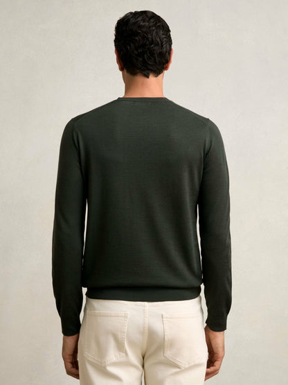 Reiss Merino Wool Crew Neck Jumper in Dark Military Green