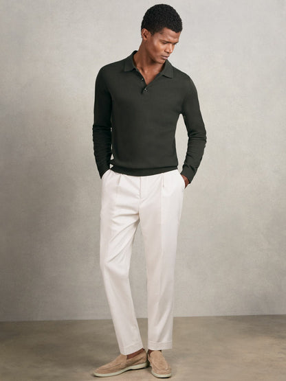 Reiss Affordable - Merino Wool Long-Sleeve Polo Shirt in Dark Military Green