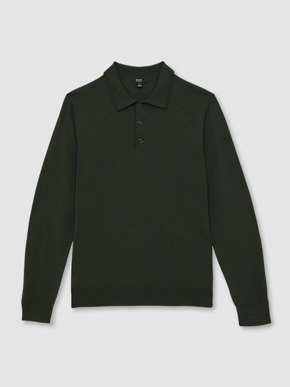 Reiss Affordable - Merino Wool Long-Sleeve Polo Shirt in Dark Military Green